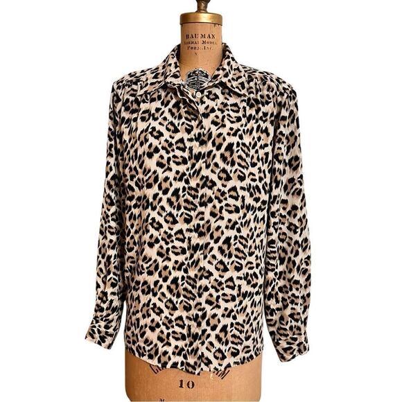 Vintage 80s Alfred Dunner Leopard Print Silky Long sleeve Shirt Blouse Size 16 - Picture 2 of 12